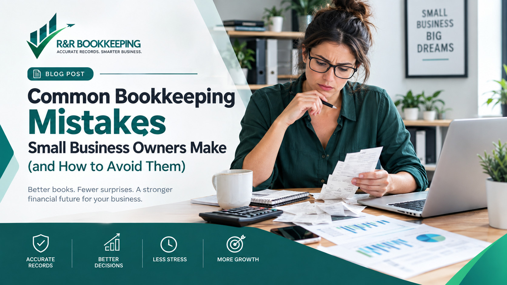 Small business owner reviewing receipts and financial charts on a laptop to avoid common bookkeeping mistakes with R&R Bookkeeping.