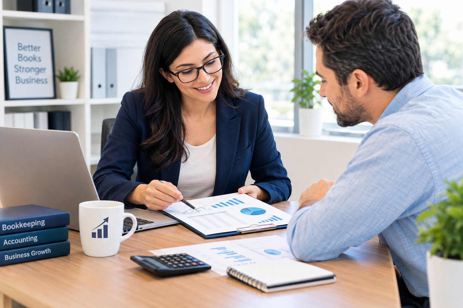 small business bookkeeper reviewing financial reports with client
