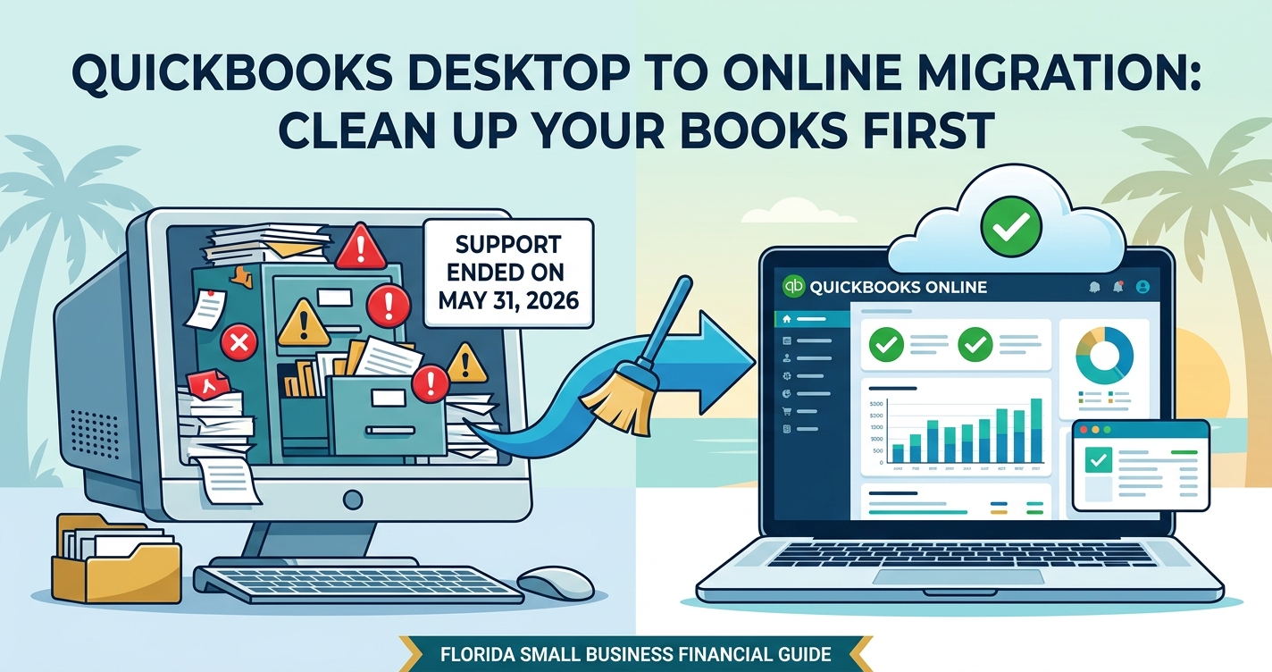 QuickBooks Desktop to QuickBooks Online migration visual guide showing cleanup process for Florida small businesses
